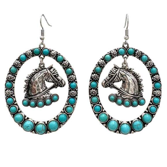 Boho Vibrant Turquoise Horse Estuarian Charm Statement Earrings , Gift Box - Picture 7 of 11